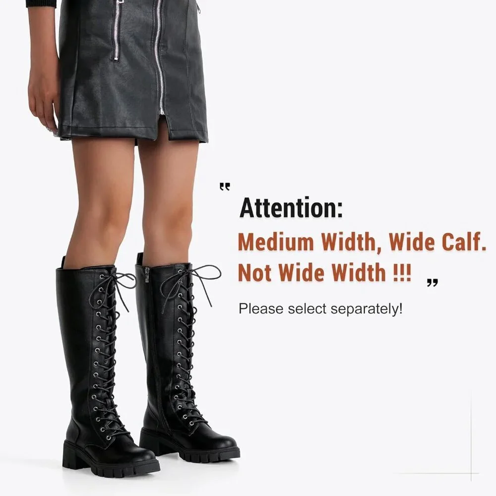 Women's Black Pu 953 Chunky Platform Heel Lace Gothic Knee High Combat Boots